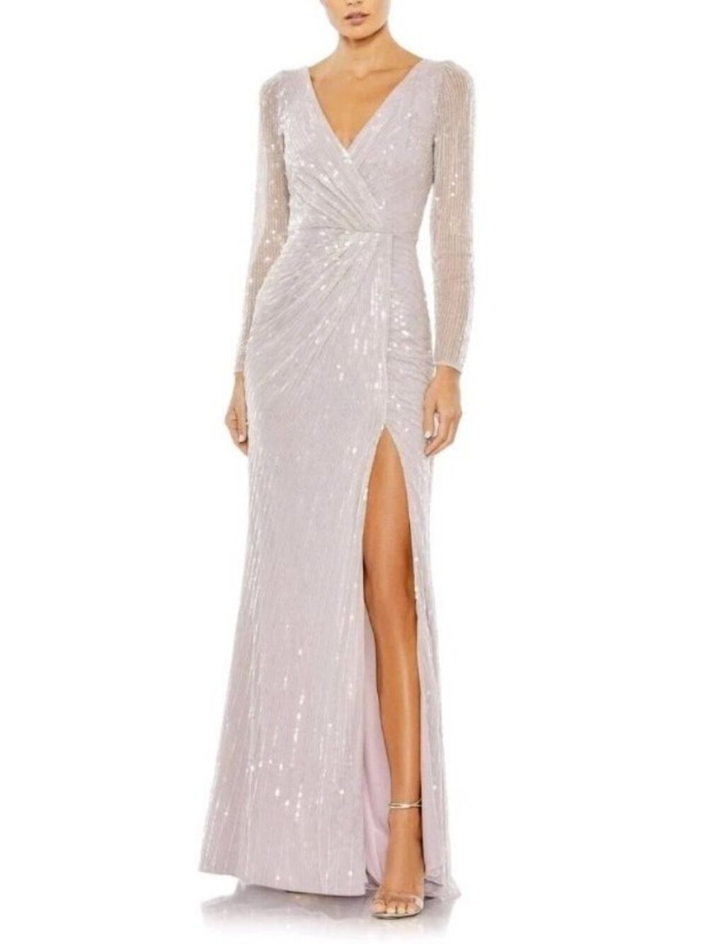 MacDuggal Size 20 Faux Wrap Floor Length Gown Lavender W/ Sequins Long Sleeve
